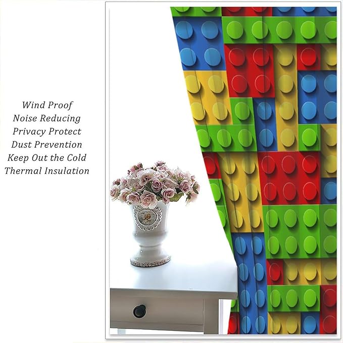 Kids Building Blocks Toy Curtains for Kids Room W72 x L63 Inch Rod Pocket Contour Plastic Colorful Toy Bricks Geometric Print Pattern Curtains for Boys Girls Bedroom 2 Panels