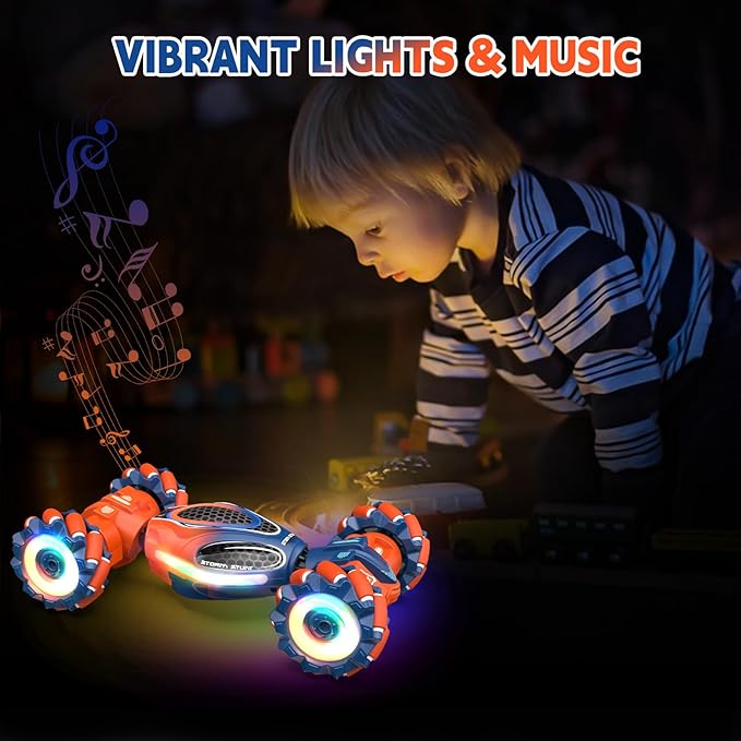 Remote Control Car for Boys - RC Cars for Boy Age 4-12, Gesture Sensing RC Stunt Drift Car for Kids Toys 4 5 6 7 8 9 10 11 12 Year Old Boy Birthday with Cool Lights Music (Orange)