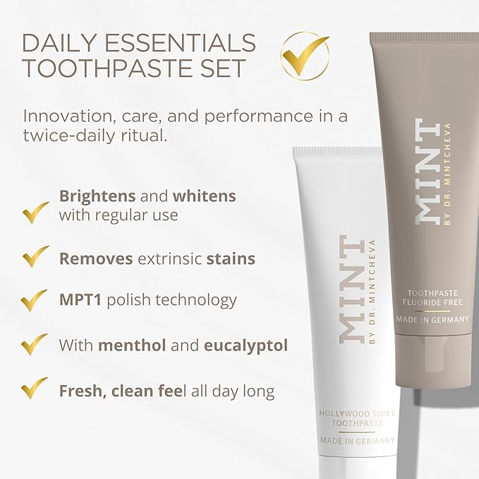 Mint Day & Night Toothpaste Set (2X 85ml) – with & Without Fluoride – MPT1 Ultra Polish Technology with Perlite – Natural Whitening, Gentle Low Abrasion, Vegan, Microplastic-Free, Mor