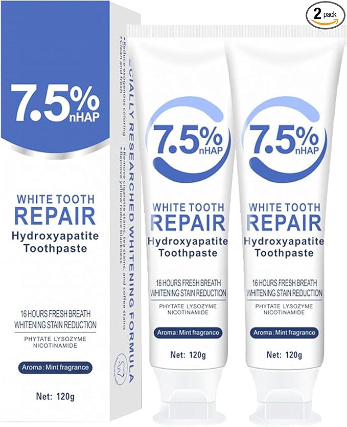 2pcs 7.5% Hydroxyapatite Toothpastes for Enamel Protection and Tooth Strengthening, 7.5% Nano Hydroxyapatite Toothpaste White Tooth Repair, Fluoride-Free, Gentle Mint, Fresh Breath