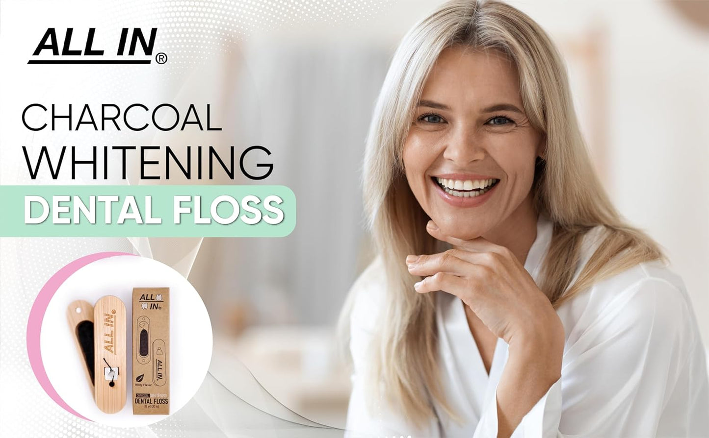 ALL IN Waxed Charcoal Floss with a Refillable Dental Floss Holder - Plant Based, No PFAS - Mint Floss for Effective Plaque Removal, Clean Teeth, Fresh Breath - 32 yd (2)