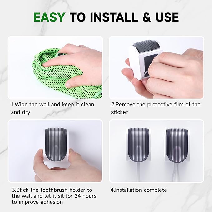 4 Pcs Toothbrush Holders Wall Mounted, Single Slot Design, Shower Self Adhesive Wall Mounted Toothbrush Holder with Cover, Waterproof and Dustproof, Suitable for Bathroom, Family, Travel (Grey)
