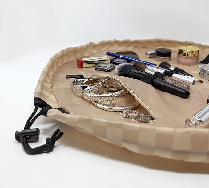 Lay-n-Go Cosmo Layflat Drawstring Cosmetic & Makeup Bag Organizer - Portable Drawstring Bag w/Zipper Pocket, Makeup Loops & More - Durable, Machine Washable Toiletry Bag for Travel (20", Checked)