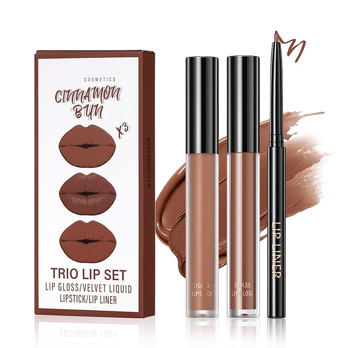 3 in 1 Brown Lip Gloss and Lip Liner Lipstick Set Nude Lip Liner Set Long-lasting Nonstick Cup Lip Kit Moisturizing Lip Set for Women (05# Whiskey Honey)