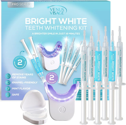Venus Visage LED Teeth Whitening Kit with 4X 35% Carbamide Peroxide Teeth Whitening Gel Syringes, 2X Remineralization Gel Syringes, Whitener Trays, LED Whitener Device & Shade Guide