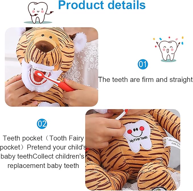 Tooth Fairy Puppet, Puppet Oral Health Presentation Puppet Striped Tiger Tooth Fairy Dental Educational Plush Small Size Doll with Teeth for Kids Chidren Boys Girls