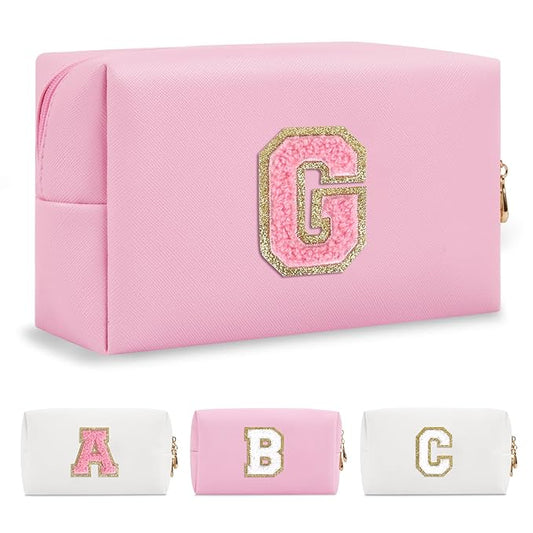 Personalized Initial A-Z Preppy Patch Makeup Bag,Small PU Leather Chenille Letter Cosmetic Bag with Zipper for Teen Girls,Pink Cute Travel Toiletry Bag,Birthday Monogrammed Gift for Daughter,Letter G