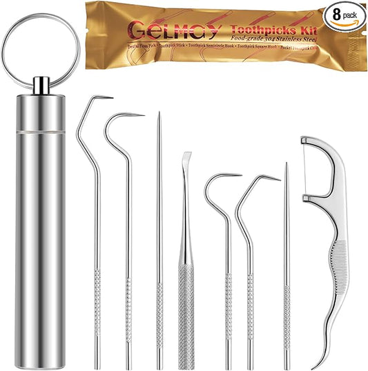 Toothpicks Pocket Set, Dental Floss Picks Kit Reusable, Stainless Steel Teeth Cleaning Tools, Tooth Picker Oral Hygiene Travel (1 Set)