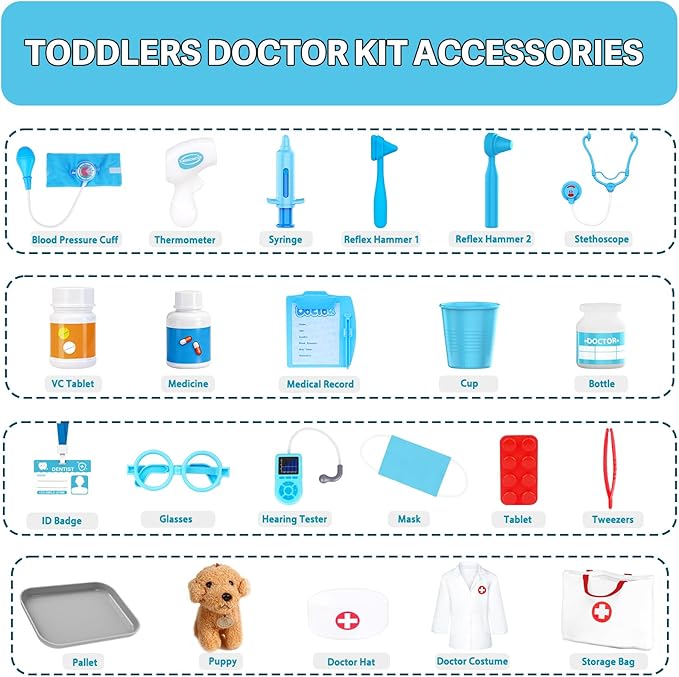 Doctor Kit for Toddlers 3-5 - Play Veterinarian Set Toys for 3 4 Year Old Boys Girls, Pretend Play Medical Kit with Dog, Bag, Costume, Stethoscope, Birthday Christmas Stocking Stuffers Gifts for Kids