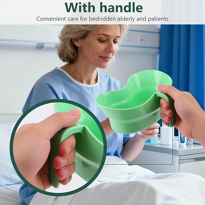 Emesis Basin with Wide Mouth & Handle - Bed Mouthwash Cup Kidney Shape Large with Handle, Patient Toothbrush Cup BPA-Free Plastic Vomit Cup for Elderly Bedridden Patients and Teeth Cleaning