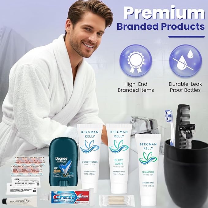 Trektote Bulk Hygiene Kit For Men – (100 Pack) 12 Piece Set Of Travel Size Toiletries, TSA Compliant, Bulk Travel Essentials, Includes Shampoo And Conditioner, Body Wash, Toiletry Bag & More