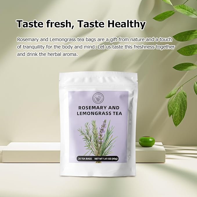 HANFANGLING Rosemary Lemongrass Herbal Tea - 20 Tea Bags, Natural Blend of Rosemary & Lemongrass, Caffeine-Free, Refreshing & Uplifting, Relaxation & Digestion