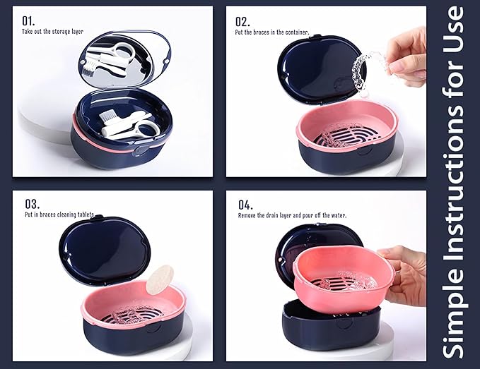 MURRI&MURRDI Retainer Case, Denture Bath Box with Strainer Basket, Mouth Guard Case, Braces Cleaner Cup, Cute Denture Holder Retainer Storage Soak Container for Travel (D Dark Blue)