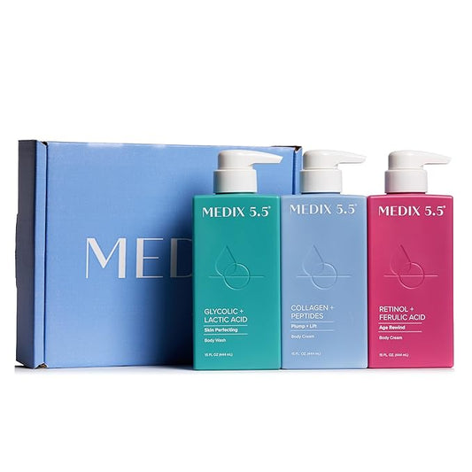 MEDIX Smooth & Firm 3PC Skin Care Set | Glycolic Acid Exfoliating Body Wash Gel + Firming Collagen Cream + Retinol Body Lotion Moisturizer Gift Box | Anti Aging Skin Care Products | Gifts For Women