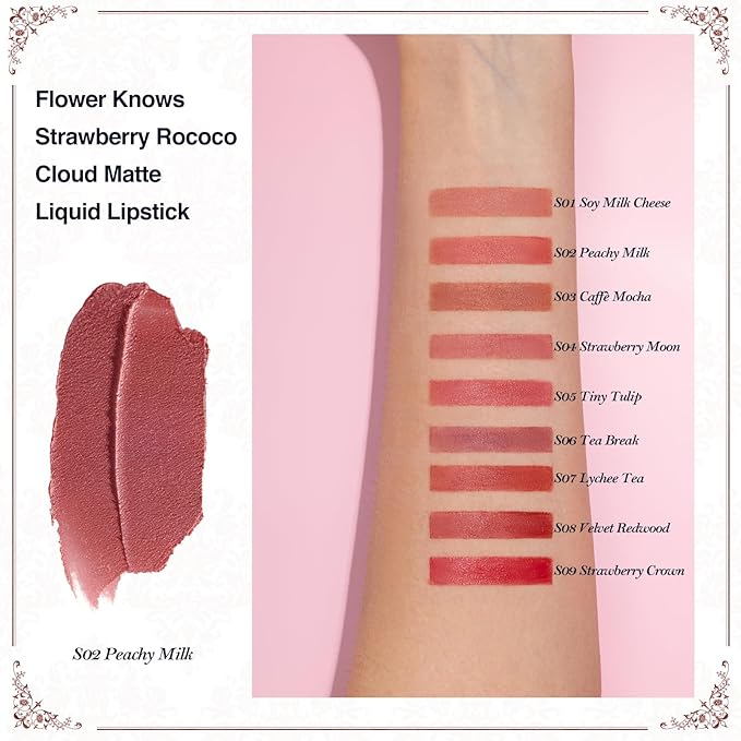 Flower Knows Strawberry Rococo Cloud Lip Cream,Long Lasting Rosy Coral Matte Lipstick,Hydrating Lip Stain,Transfer & Smudge Proof Velvet Liquid Lipstick for Girls&Women,0.12 Fl Oz(S02 Peachy Milk)