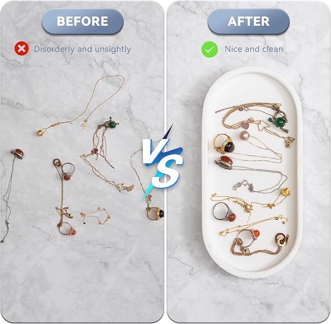 Elegant Ivory White Natural Marble Oval Tray 10x4.7 Inches for Bathroom Countertop, Vanity Jewelry & Perfume Organizer, Aesthetic Home Decor Accent