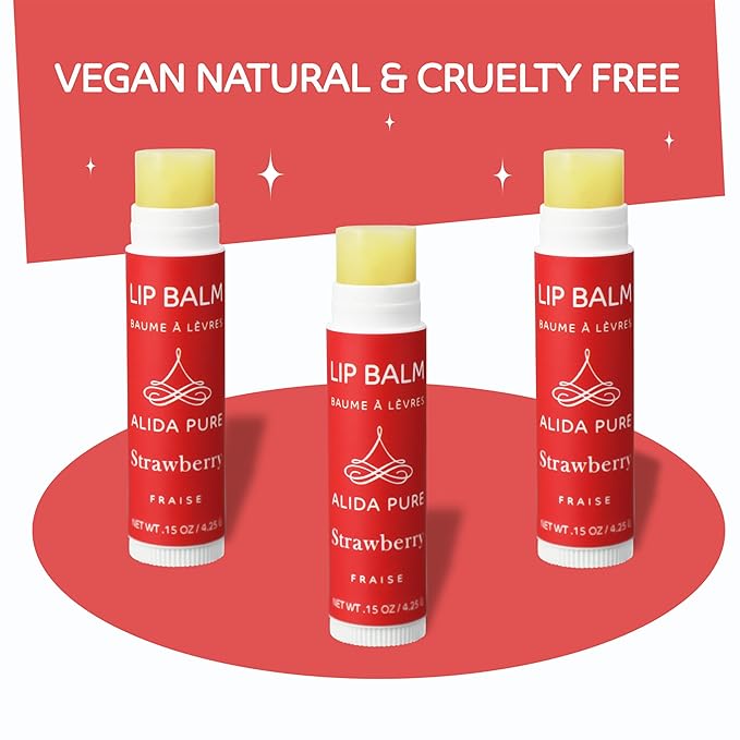 ALIDA PURE Strawberry Lip Balm Collection, Vegan, Lip Balm, Beeswax Free, with Avocado Oil, Organic Jojoba Oil, and Vitamin E, Natural Moisturizer for Dry, Chapped Lips, 3 Tube Set