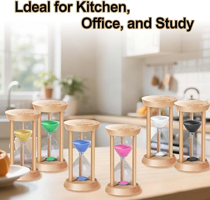 Sand Hourglass Timer Set: 30 Sec/1/2/3/5/10 Minutes Wooden Sand Clock, Colorful SandWatch Hour Glass, Small Sandglass Timer for Classroom, Home Decorative, Games (6 pcs)