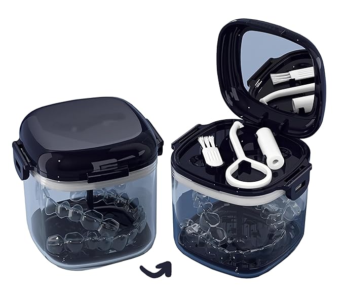 MURRI&MURRDI Retainer Case, Denture Bath Box with Strainer Basket, Mouth Guard Case, Braces Cleaner Cup, Cute Denture Holder Night Guard Storage Soak Container for Travel Cleaning (A Blue)