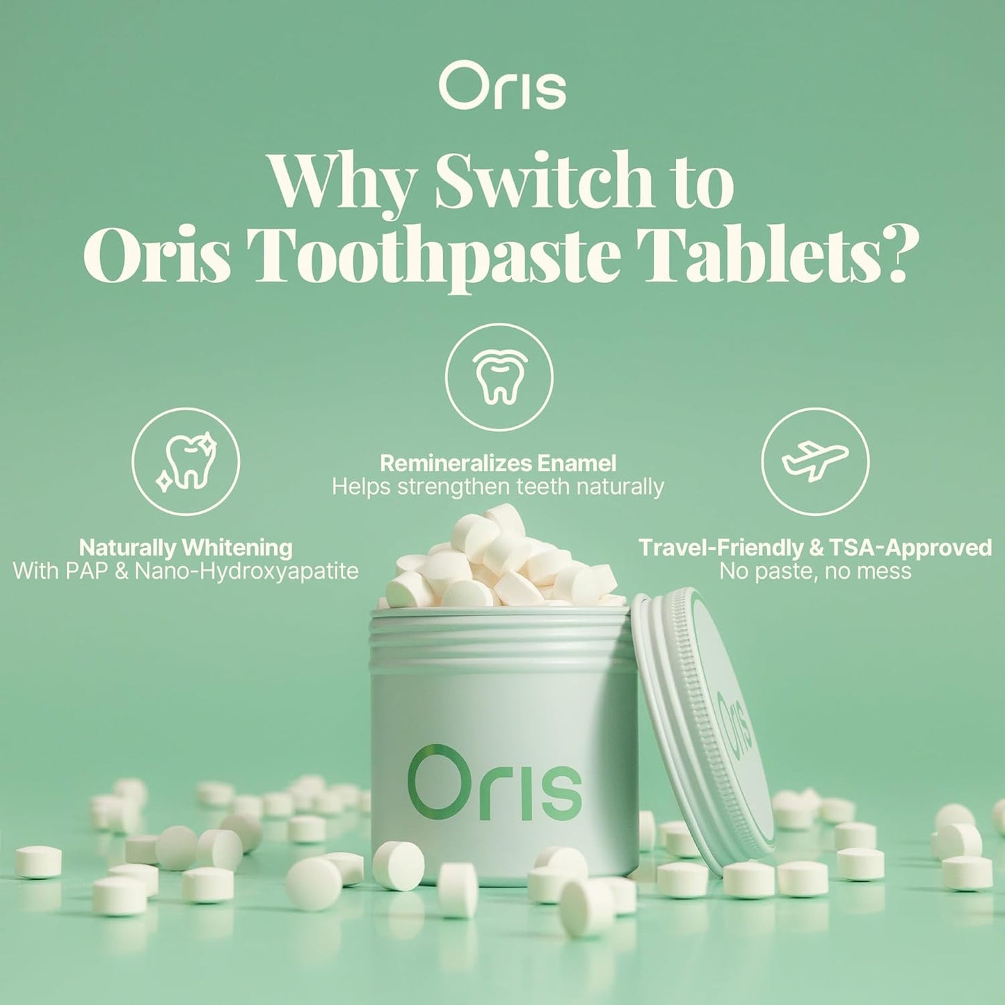 Oris Natural Toothpaste Tablets - Hydroxyapatite Toothpaste Tablets for Enamel Remineralization, Kid-Friendly Tooth Tabs for Brushing Teeth & Travel-Ready - 62ct (Spearmint)