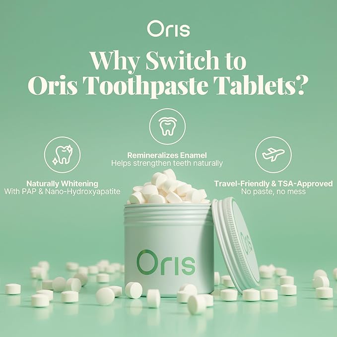 Oris Starter Bundle – 1 Month Supply: Natural Toothpaste Tablets | Fluoride-Free, Travel-Friendly, Kid-Safe with Enamel-Strengthening Nanohydroxyapatite (62 Count (Pack of 1), Peppermint)