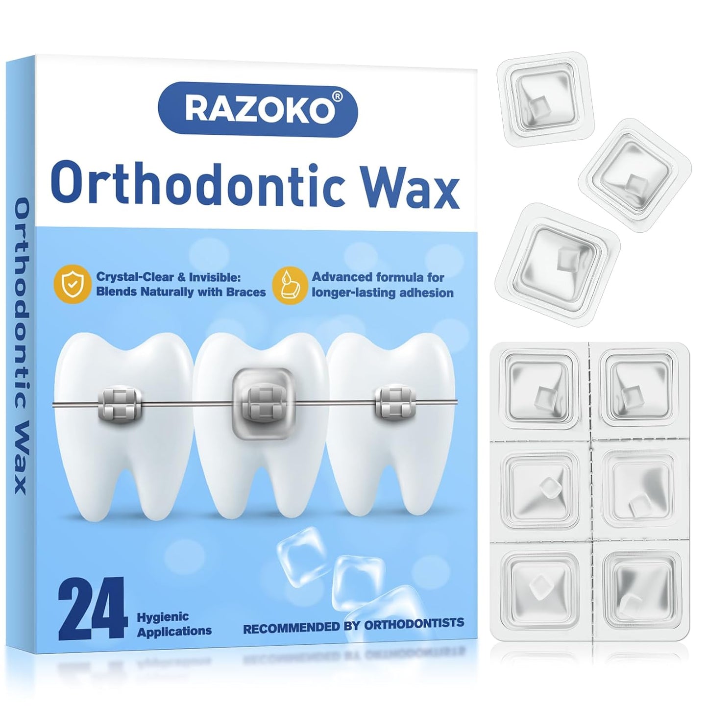 RAZOKO Orthodontic Wax for Braces Wax Dots Gentle Comfort, Clear Invisible Fit, All Day Protection 24 Individual Hygienic Packaging Dental Wax