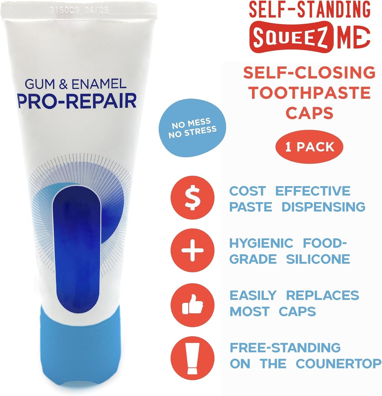 Chrome Cherry SqueezMe Self-Closing Toothpaste Caps, Silicone Lid for Kids & Adults, No Mess Toothpaste Dispenser, Self-Standing Easy Squeezer Cap, Bathroom Accessory, Self-Standing Blue, Pack of 1