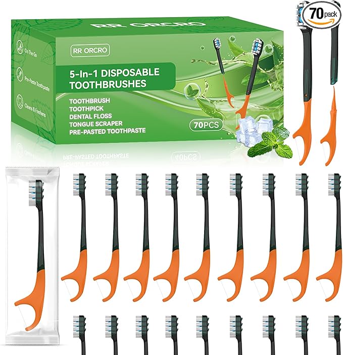 70Pack Disposable Toothbrush with Toothpaste All-in-One Oral Care Prepasted Individually Wrapped 5-in-1 Mini Toothbrush with Toothpick, Flosser, Tongue Cleaner, Perfect for Travel & On-The-Go (70P)