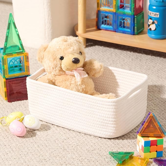Small Storage Baskets for Organizing | Closet Organizer Bins | Shelf Toy Basket | Woven Rope Baskets | Cube Decorative Box | Shallow Basket | 13x8.5x5.1” | 4 Packs Off White