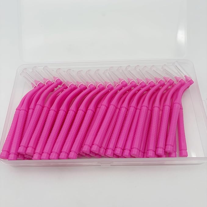 50 Pcs Interproximal Brush, Gum Interdental Brushes, L Angle Reusable Dental Cleaners Brushes,Disposable Oral Dental Hygiene Brush,Dental Toothpick Floss for Braces,Tooth Cleaning Tool (Pink)