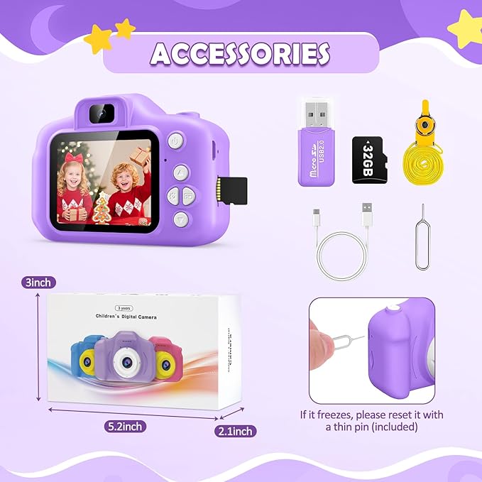 Kids Camera for Girls, 1080P HD Digital Camera with 32GB SD Card, 8MP Sky Purple Camera Toy for 3-12 Year Old Girls, Birthday Gift with 6 Filters, 20 Frames Video (Light Purple)