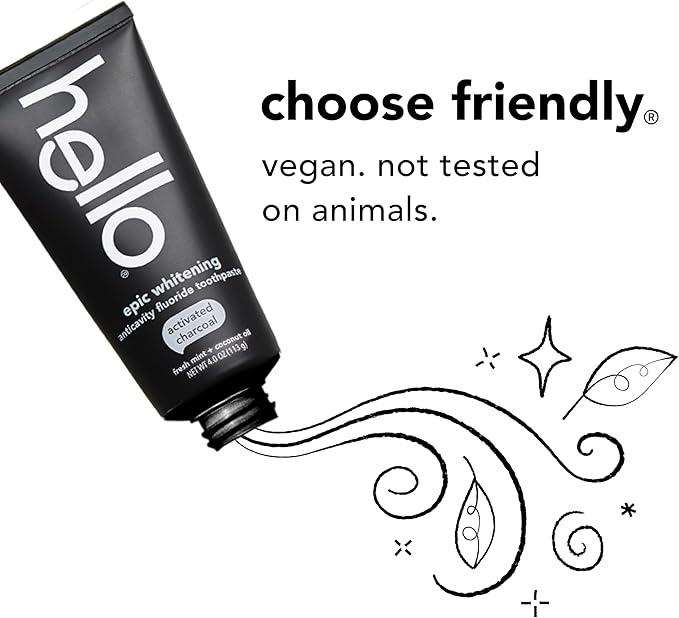 Hello Activated Charcoal Toothpaste, Fluoride Toothpaste with Activated Charcoal, Teeth Whitening Toothpaste with Fresh Mint and Coconut Oil, No SLS, Vegan, Gluten Free, 3 Pack, 4 OZ Tubes