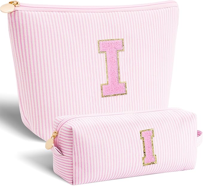 Personalized Makeup Bag for Women Girls - Fashion Cosmetic Bag Trendy Travel Toiletry Bag with Initials Letter - Teen Gifts - Pink,I