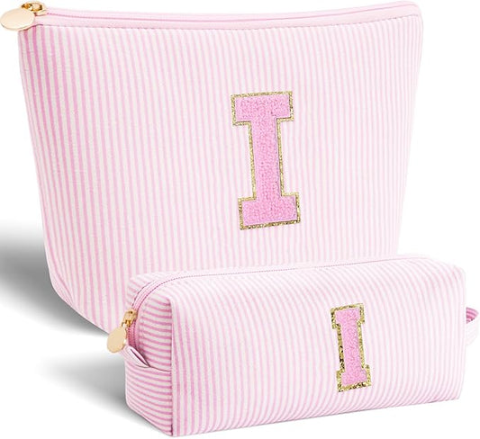 Personalized Makeup Bag for Women Girls - Fashion Cosmetic Bag Trendy Travel Toiletry Bag with Initials Letter - Teen Gifts - Pink,I