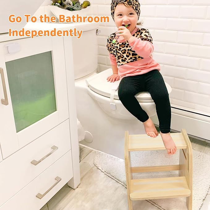 Step Stool for Toddler Kids Wooden – Height Adjustable 2-Step Ladder with Handles – Bathroom Sink Kitchen Bedroom Potty Training – Non-Slip Safety Design for Children 18 Months+