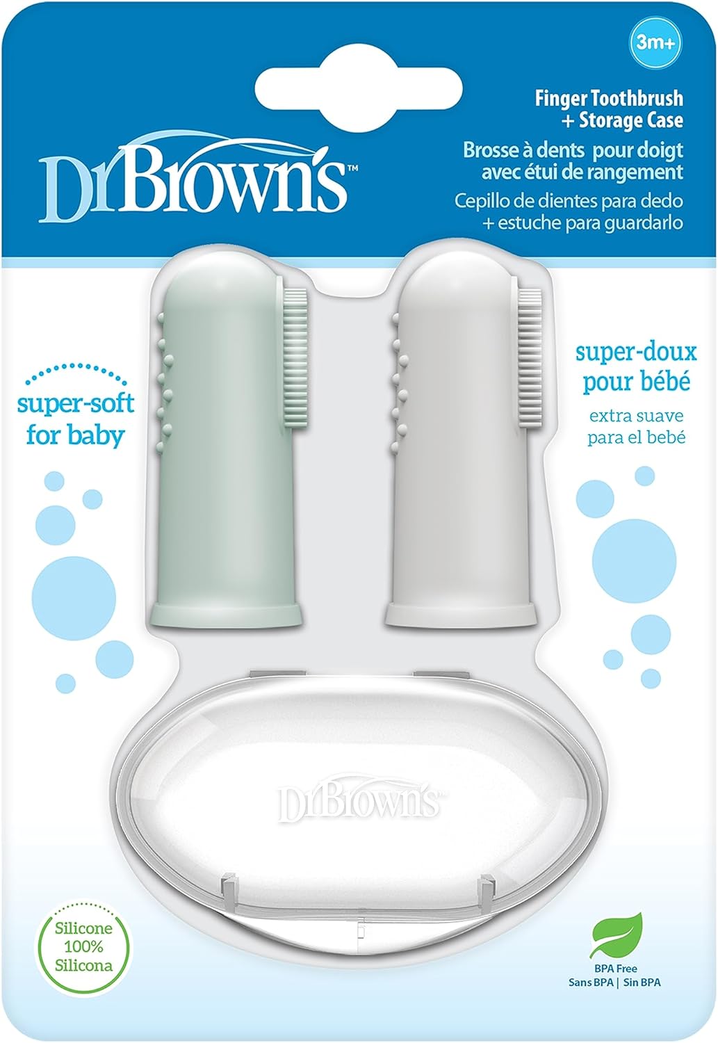 Dr. Brown's Silicone Finger Toothbrush for Baby with Travel-Storage Case, 3m+, Gray and Light Green, 2 Count, (Pack of 1)