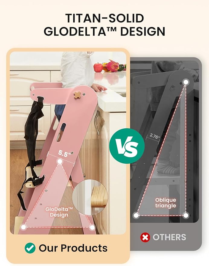 GROWNSY Foldable Step Stool Toddler Tower, Toddler Kitchen Stool Helper, Collapsible Kids Standing Tower with 3 Adjustable Heights and Safety Net for Kitchen Bathroom Sink Counter (Light Pink)