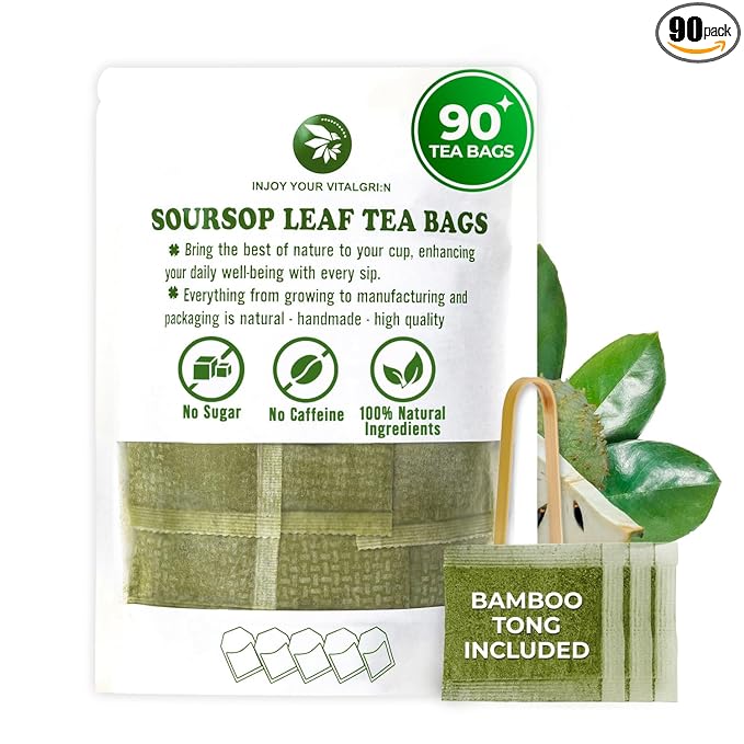 Soursop Graviola Leaf Tea Bags, 90 Count, Bamboo Tong Included, No Sugar Added, No Caffeine, Hoja De Guanabana, Re-Steep Morning Herbal Detox Tea for Relax, Refreshing & Pure Taste