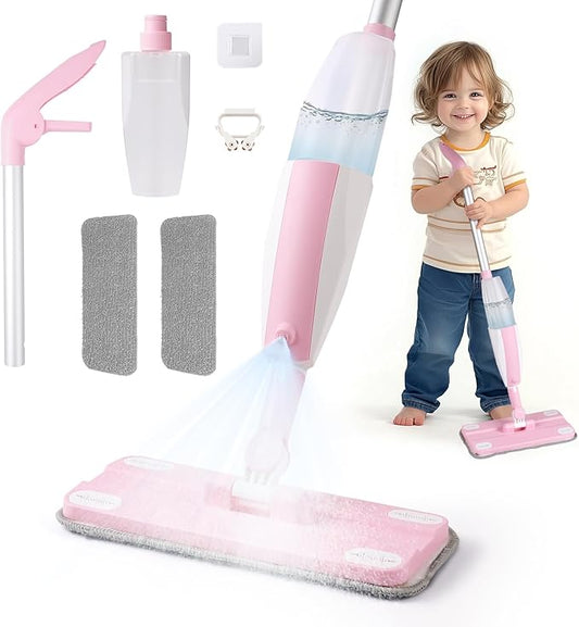 Hilsoeet Kids Spray Mop Pink, Real Working Water-Spraying Toy, Montessori Mini Mop with 2 Microfiber Washable Pads, Toddler Cleaning Set for Floor, Christmas Birthday Gifts for Age 3 4 5 6 7 8
