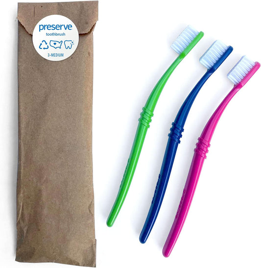 Preserve Eco Friendly Adult Toothbrushes, Made in The USA from Recycled Plastic, Lightweight Paper Packaging, Medium Bristles, Colors Vary, 3 Count