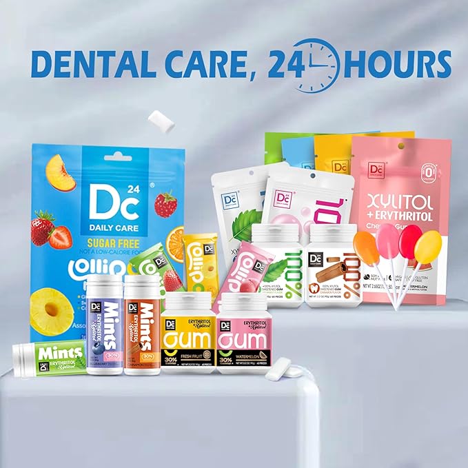 DC24 DAILY CARE Xylitol Mints | No Aspartame | Sugar Free | Low-Calorie with Erythritol | Breath Mints Dry Mouth Diabetic Friendly | Assorted Flavors 30 Pieces (Pack of 4)