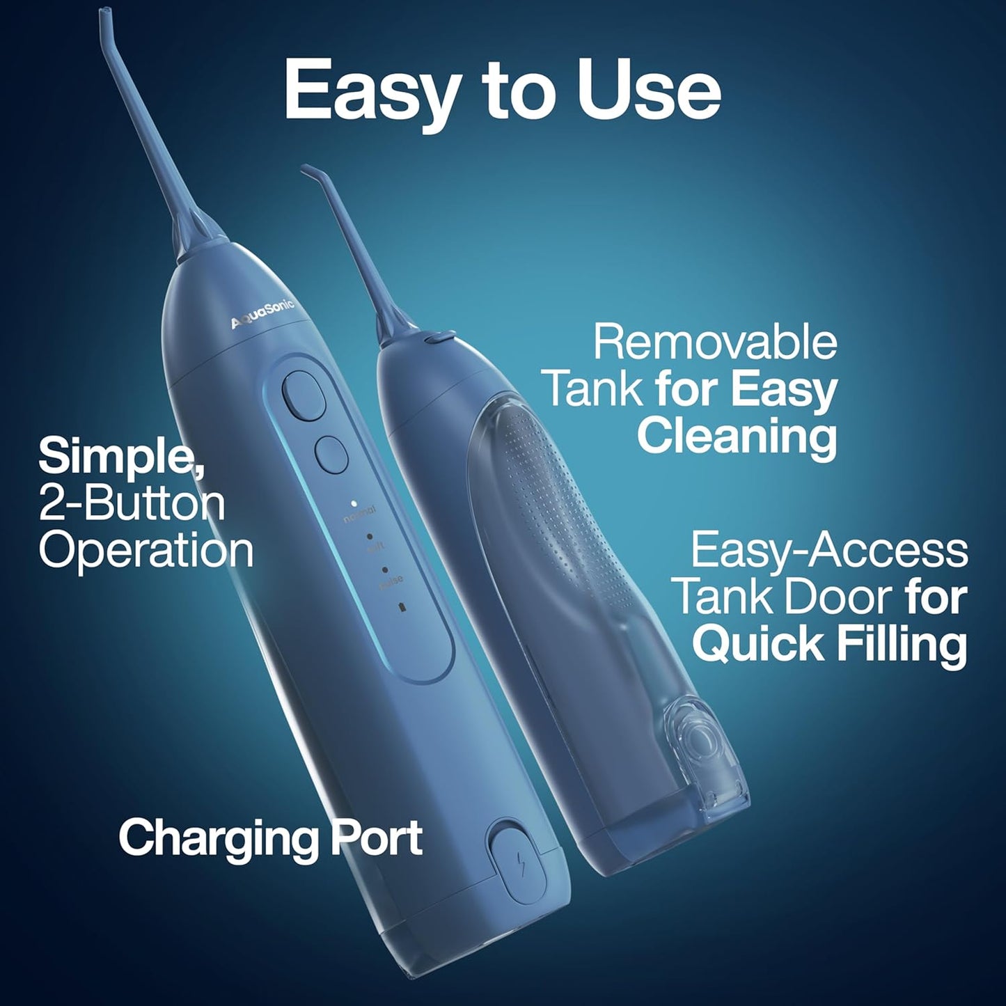 AquaSonic Icon Water Flosser for Teeth – Cordless Rechargeable Oral Irrigator – Waterproof, Portable Dental Cleaning with Jet Tip – Braces Home Travel - Navy