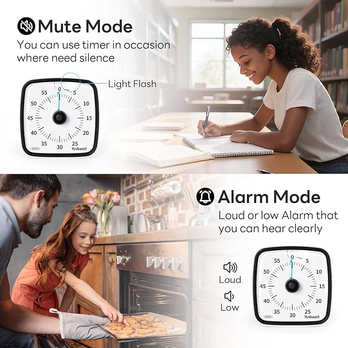 Yunbaoit Visual Timer with Night Light, 60-Minute Countdown Timer for Kids and Adults, Silent Classroom Timer, Time Management Tool for Home, School, or Work (Dark Black)