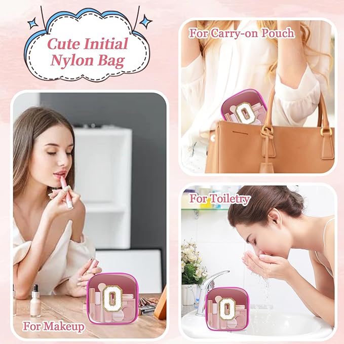 Mini Clear Personalized Initial Makeup Bag,Small Nylon Waterproof Zip Beach Cosmetic Pouch,Preppy A-Z Chenille Letter Patch Cute Coin Purse Travel Toiletry Bag Car Pack Bag for Women(Hot Pink-White O)