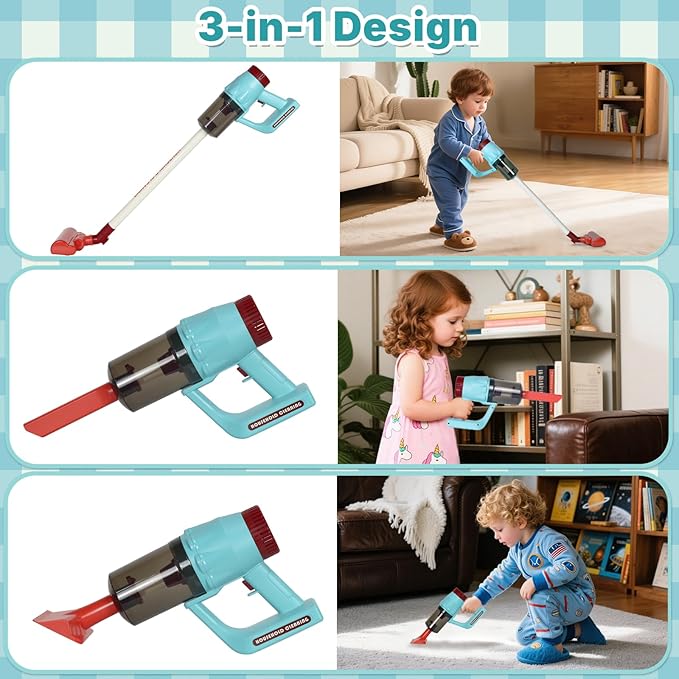 3-in-1 Kids Cleaning Toy Set, Working Toy Vacuum with Real Suction, Toddler Broom & Mop, Pretend Home Cleaning Kit for Boys & Girls Ages 3+
