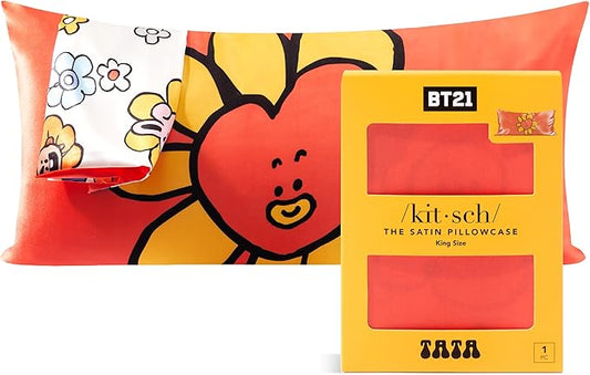 Kitsch x BT21 (Tata) Satin Pillowcase with Zipper for Hair & Skin - Softer Than Silk Pillow Cases, Smooth Cooling Pillow Cover, Wrinkle-Free, Machine Washable, King Size (19x36)