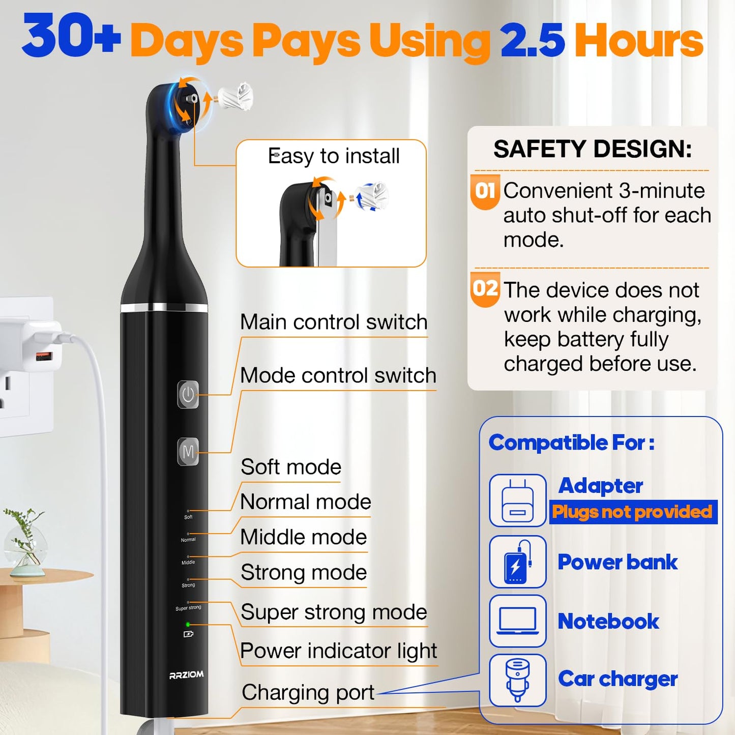 Tooth Polisher, RRZIOM Rechargeable Teeth Polisher for Teeth Whitening and Cleaning Kit, Waterproof Tooth Polish Dental Tools with LED Light, 5 Brush Heads, 5 Speed Modes, Tooth Polishing Kit