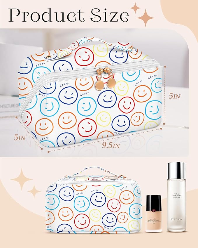 Bistup Makeup Bag Travel Cosmetic Bag Toiletry Make Up Bags Cute Women Large Capacity Big Medium Leather Portable Teen Girls Teenage Kawaii Foldable Expandable Compact Soft Open Flat Zip