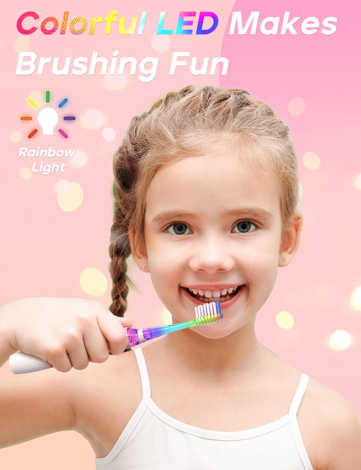 SEAGO Kids Electric Toothbrush with 2 Mins Brushing Timer and 8 Replacement Bursh Heads,Rainbow LED Light Make Brushing Fun, Pink Color Girls Battery Powerd Toothbrush for 4-12 Years Old