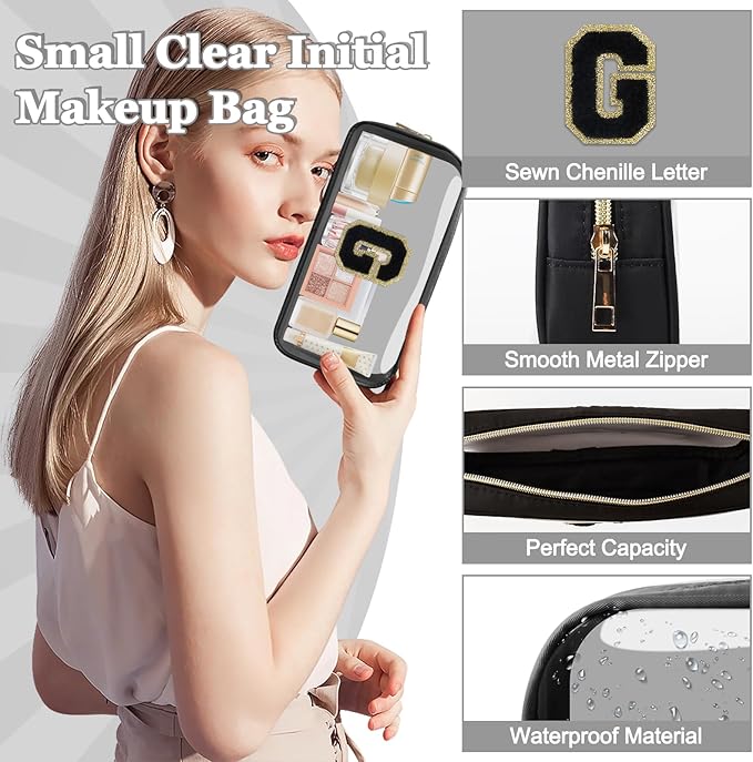 Small Clear Personalized Initial Makeup Bag,Nylon Preppy A-Z Chenille Letter Patch Cosmetic Pouch Beach Toiletry Bag,Waterproof Zipper Travel Purse Storage Bag Organizer for Women Girls(Black-Black G)